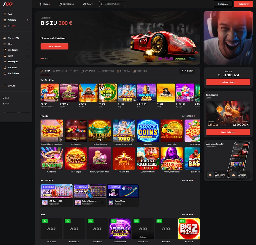 1go casino home page screenshot