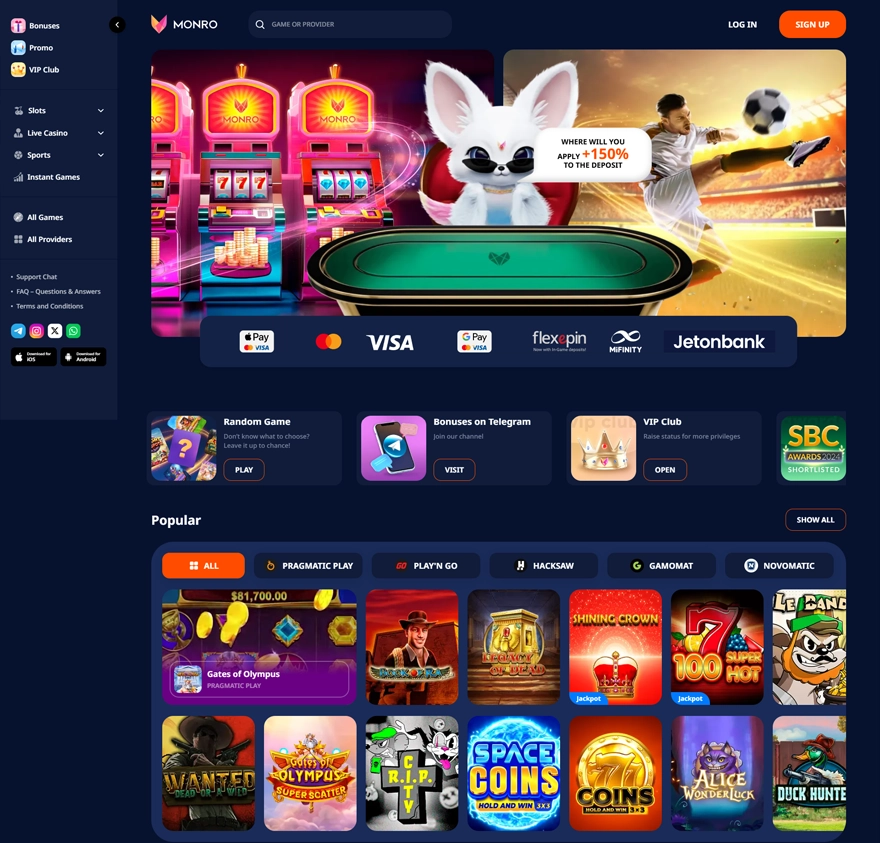 monro casino home page screenshot