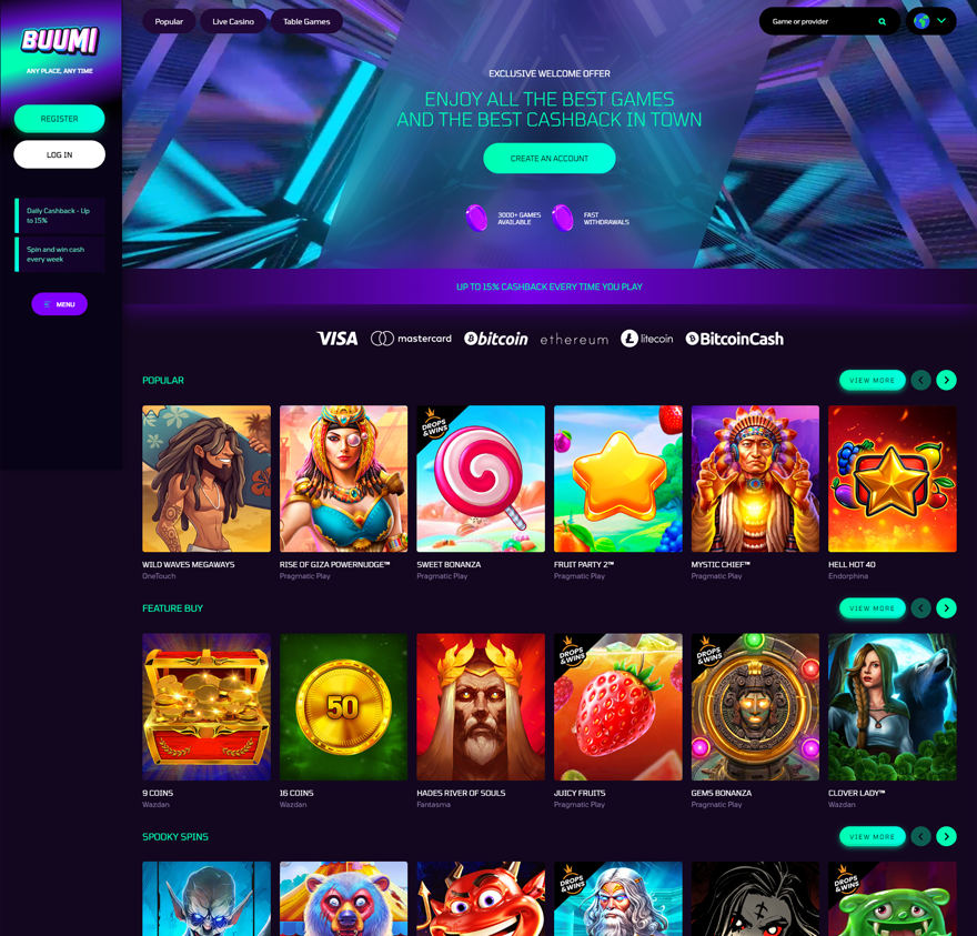 buumi casino home page screenshot