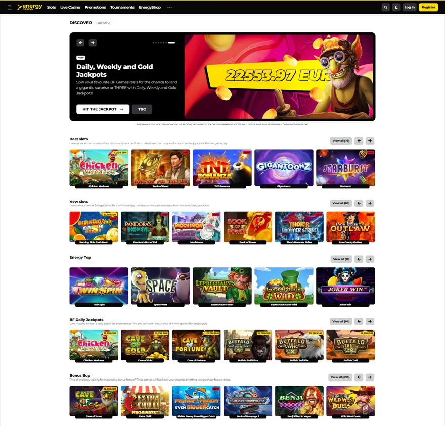 energy casino home page screenshot