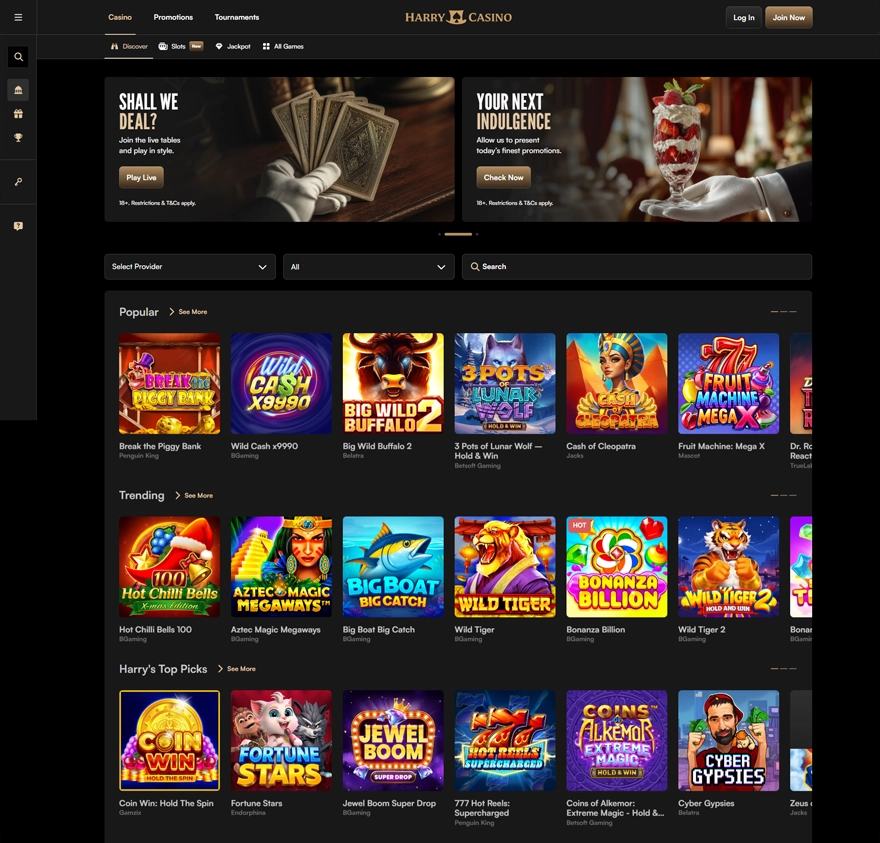 harry casino home page screenshot