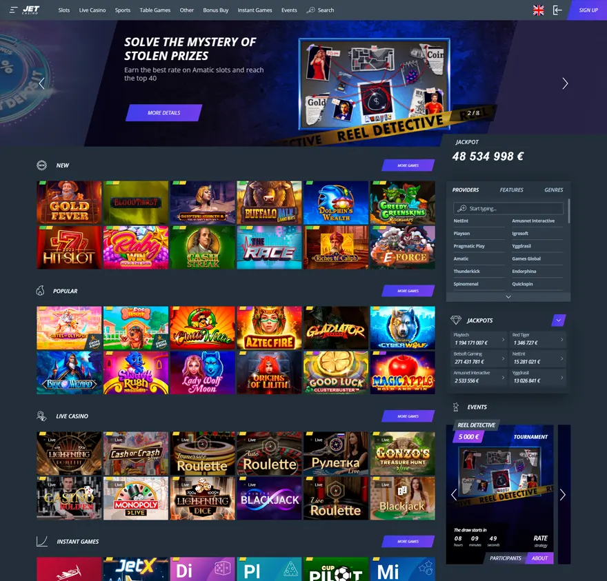 jet casino home page screenshot
