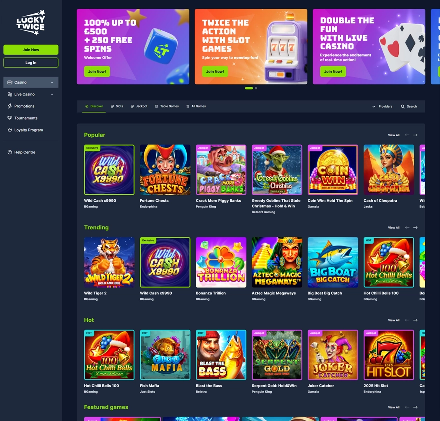 luckytwice casino home page screenshot