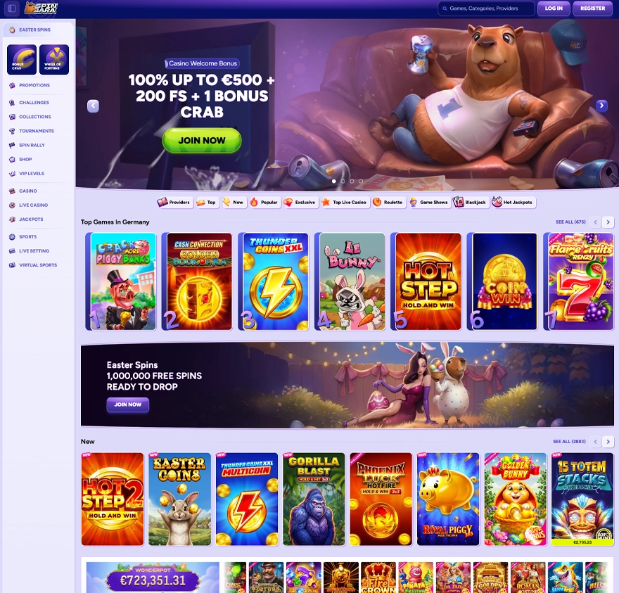 spinbara casino home page screenshot